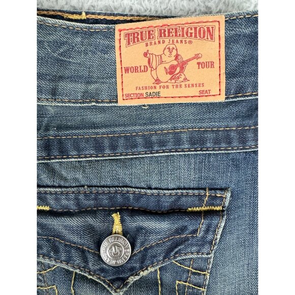 True Religion Womens Denim Mini Skirt Size 26 Frayed Hem Y2K Cotton USA Made - Picture 7 of 12
